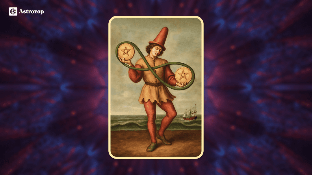 Two of Pentacles tarot card showing a figure juggling two pentacles connected by an infinity symbol