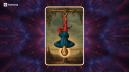 Hanged Man tarot card showing a man hanging upside down from a tree with a calm expression