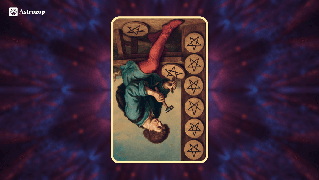 Reversed Eight of Pentacles tarot card depicting a craftsman at his bench