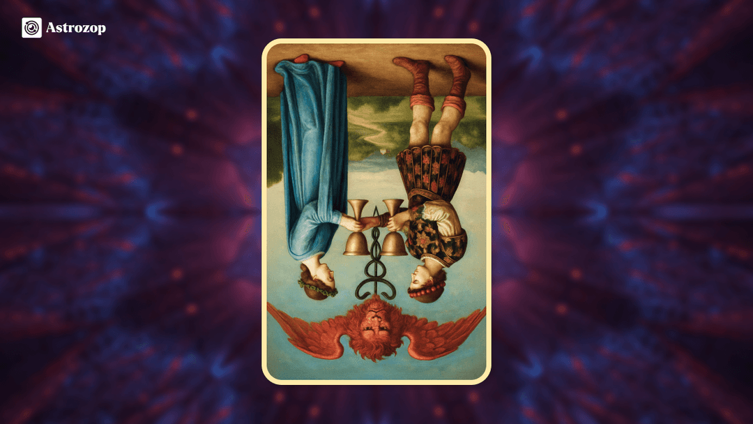 Reversed Two of Cups tarot card showing a man and woman with cups upside down